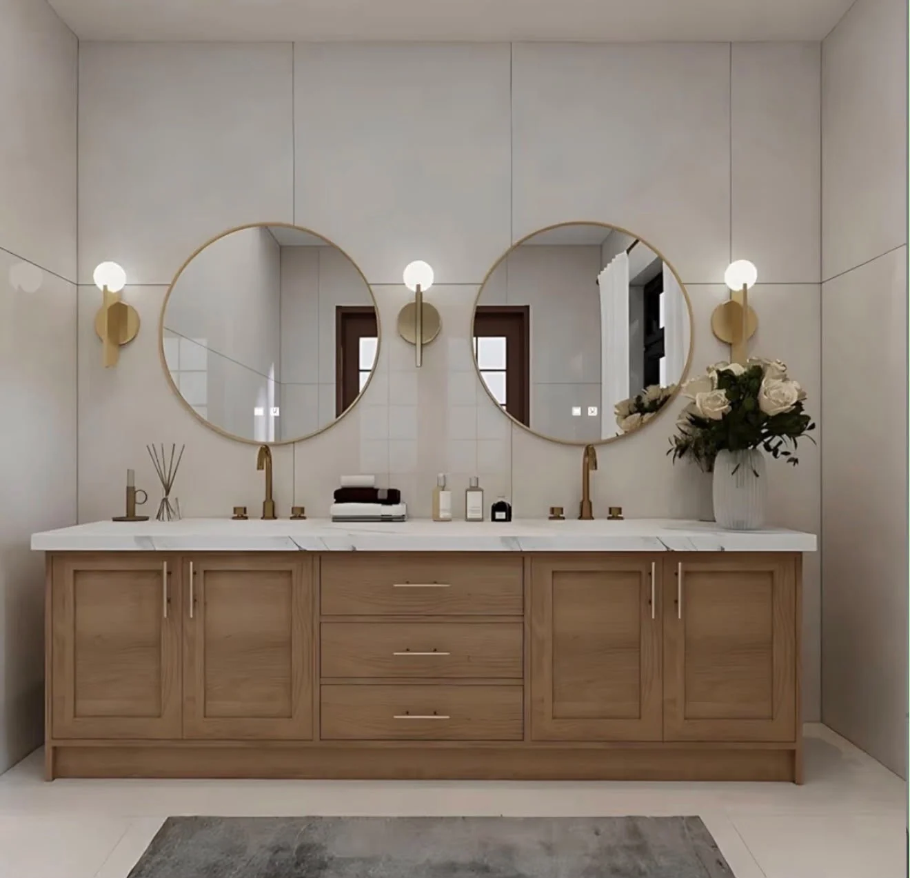 Bathroom by LL General Contractor with a double vanity, round mirrors and brass fixtures
